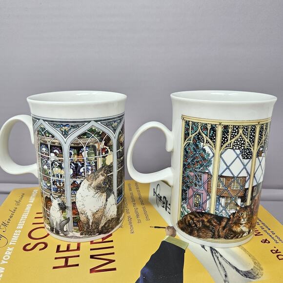 Dunoon Cup Cat Christmas Mugs Set Of 2 Scotland Window Sue Scullard C15 - Picture 2 of 5